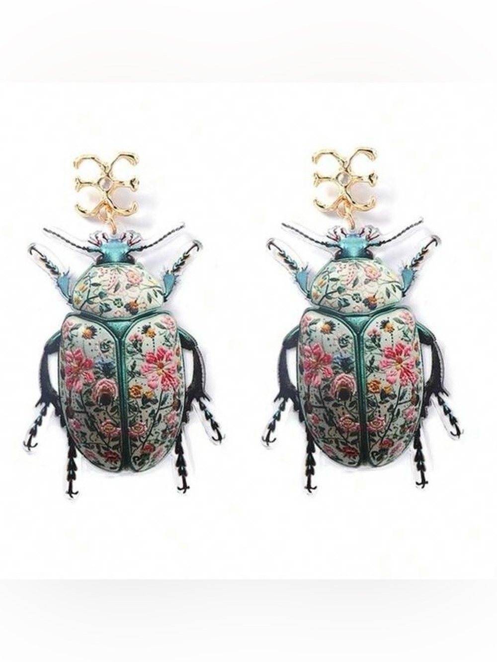 Floral Beetle Drop Earrings in Teal and Pink